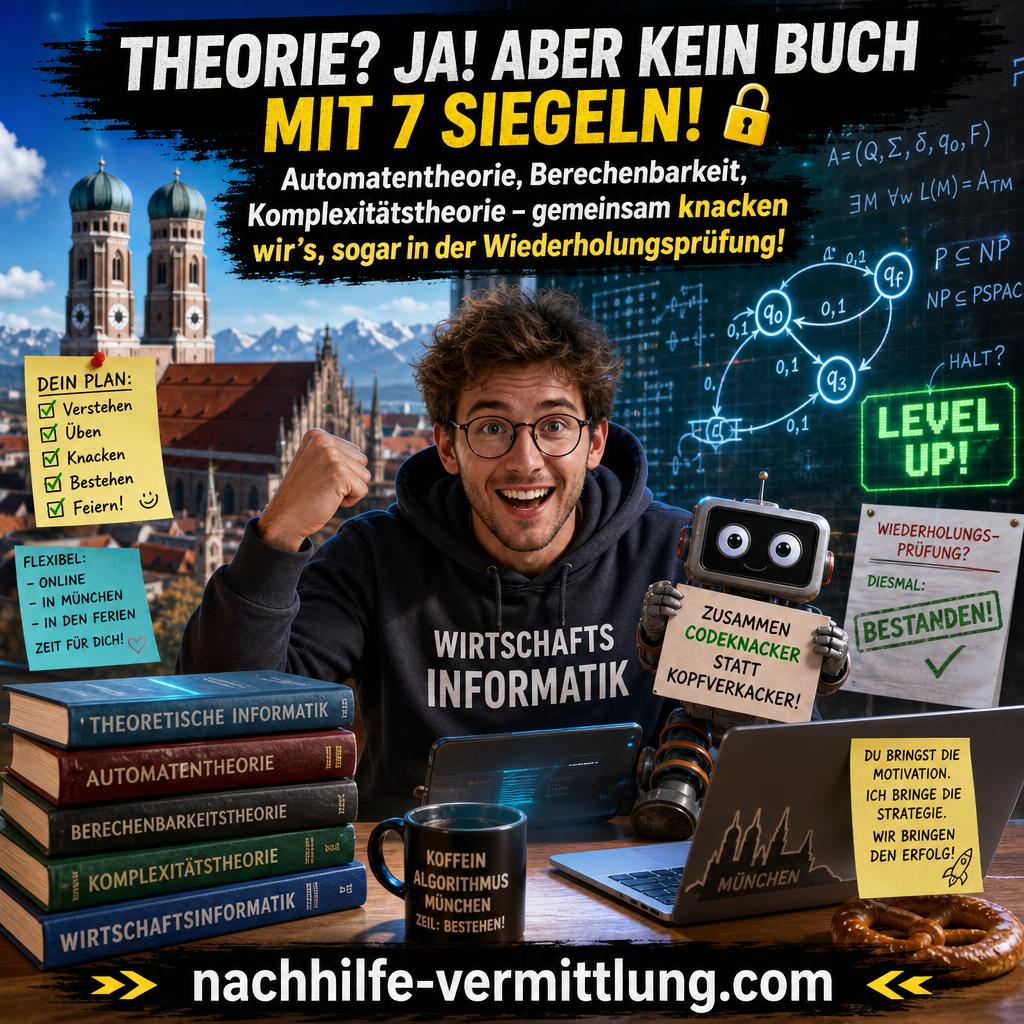 Nachhilfe Theoretische Informatik, TI, Theoretical Computer Science, Wirtschaftsinformatik, Automatentheorie, Berechenbarkeitstheorie, Komplexitaetstheorie München Nachhilfe Theoretische Informatik, TI, Theoretical Computer Science, Wirtschaftsinformatik, Automatentheorie, Berechenbarkeitstheorie, Komplexitaetstheorie München